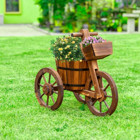 Soporte para plantas con forma de triciclo Outsunny - Estante para macetas - Macetero, dimensiones 52 cm de largo x 31 cm de ancho x 45 cm de alto - Madera de abeto (1/5)