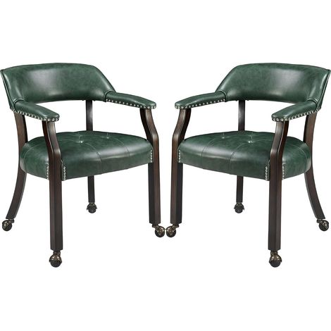 2er-Set PADMA HOUSE Captain´s Chef-Sessel, Poker- und Spieltischstuhl mit Rollen, großer Esszimmerstuhl, gepolsterter Vintage-Fauteuil für Esszimmer, Büro, Bibliothek und Schminkplatz (XXY-1910-GN) (1/5)