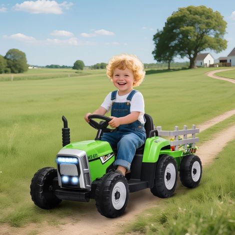 Tracteur électrique pour enfants avec remorque amovible, télécommande parentale, vitesse 6 km/h, phares, musique, siège sécurisé, vert et noir  CHICFURN (1/5)