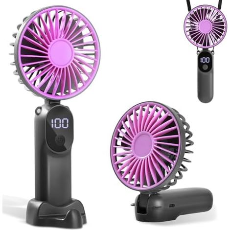 Handventilator, Tragbarer Mini Ventilator mit 6 Geschwindigkeiten & LED-Anzeige, Wiederaufladbar & Faltbar, USB-Ventilator für Büro, Reisen, Camping, Outdoor, Dunkelblau(Grau) (1/5)
