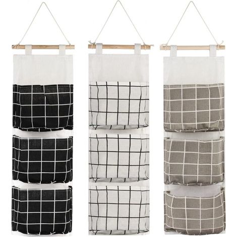 3-teilige Hängeaufbewahrungstasche mit 3 Taschen, Wandaufbewahrungskorb aus Stoff für Schlafzimmer, Badezimmer, Küche – wasserdicht und stilvoll (Schwarz/Grau/Weiß) FLITI (1/4)