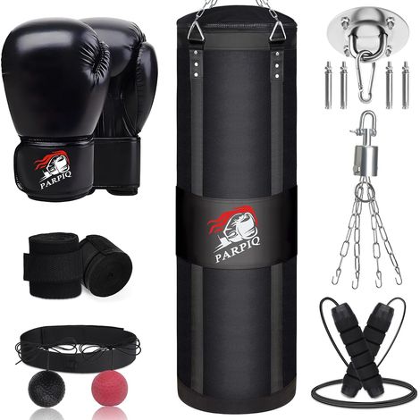 Sac de Frappe Suspendu en Toile épaisse 120 cm Fourni avec Gants de Boxe, Bandages de Boxe, Corde à Sauter et Balle de réaction Idéal pour MMA, Kick-Boxing et Muay thaï (1/5)