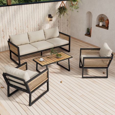 Conjunto de salón de jardín, sofá de 3 plazas, 2 sillones y 1 mesa baja, tablero de madera, brazos de cuerda trenzada, beige (1/5)