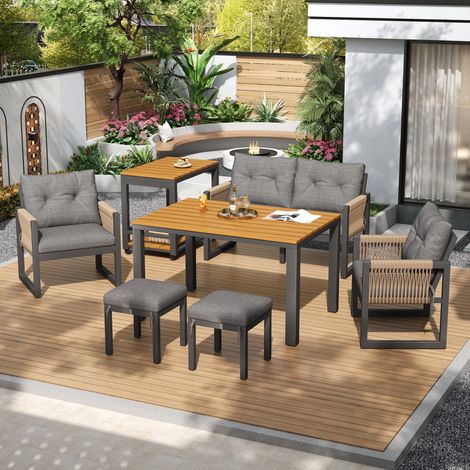 6-teiliges Gartenmöbelset aus Metall und Holz, modulares Terrassen-Set mit 2-Sitzer-Sofa, 2 Sesseln, 2 Hockern und Tisch mit Stauraum, Grau