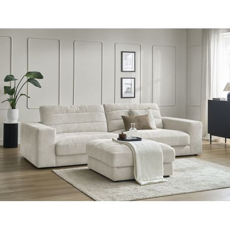 BOBOCHIC - Canapé droit fixe 3 places SIERRA tissu texturé avec pouf   Beige (1/5)