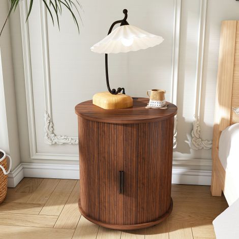 Table de chevet cylindrique de style rétro avec système de recharge intégré (prise secteur + 2 ports USB), porte coulissante et espace de rangement  meuble mobile adapté à la chambre ou au salon, avec (1/5)