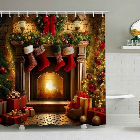 150 x 180 cm großer Duschvorhang mit Weihnachtsmotiv, Duschvorhang mit Weihnachtsmann-Motiv, Badezimmer-Dekorationsset, wasserdichtes Material, mit 12 Haken