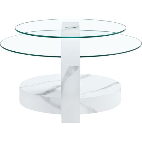 Table basse design minimaliste à deux niveaux plateau en verre de sécurité effet marbre blanc structure de support en mdf (1/5)