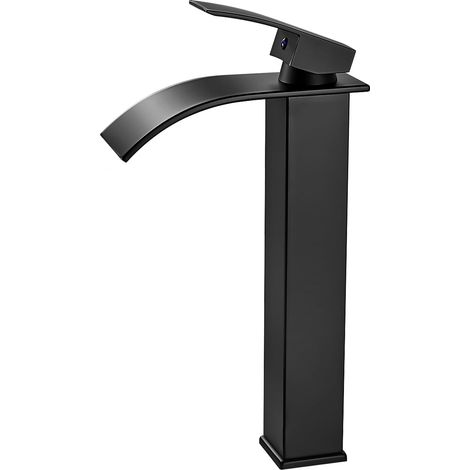 Robinet Salle de Bain Cascade Noir - Mitigeur Lavabo Moderne Haut Bec 232 mm - Robinetterie Carrée Laiton Eau Chaude Froide G 3/8