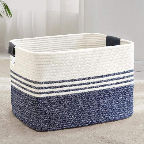 Geflochtener Wäschekorb 86L aus Baumwollseil mit Lederhenkeln, Weiß/Blau (1/5)