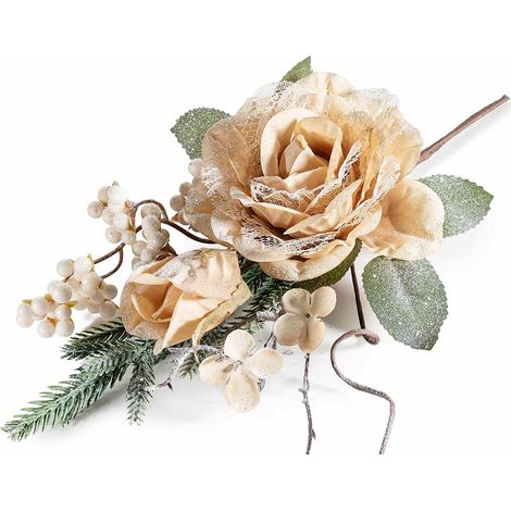 Piques rose pailletée en tissu avec bouton de rose et baies, set de 6