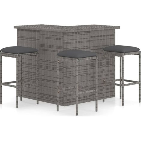 4-tlg. Gartenbar-Set mit Kissen Poly Rattan Grau