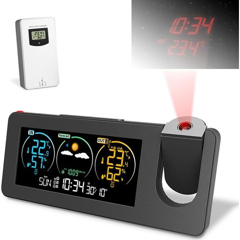 Réveil à projection, projecteur d'horloge numérique sur mur de plafond, station météo sans fil avec capteur extérieur, moniteur de température et d'humidité avec rétroéclairage coloré et prévisions