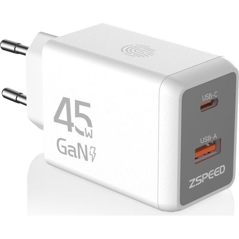 Chargeur USB-C, 2 Ports (USB-C + USB-A) Chargeur Rapide GaN 45W PD 3.0 Adaptateur Secteur avec Veilleuse Intégrée Compatible 17 16 15 14 13 12 11 Pro Max, iPad et Autres (1/5)