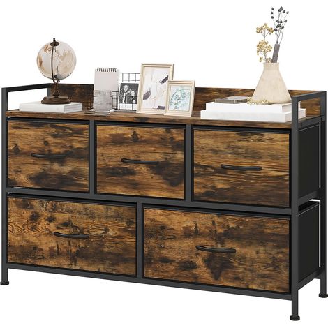 Kommode mit 5 Schubladen aus Stoff Kommodenschrank Aufbewahrungsschrank mit Stahlgestell, Industrie-Design für Schlafzimmer, Wohnzimmer Rustikal-Braun Aosom