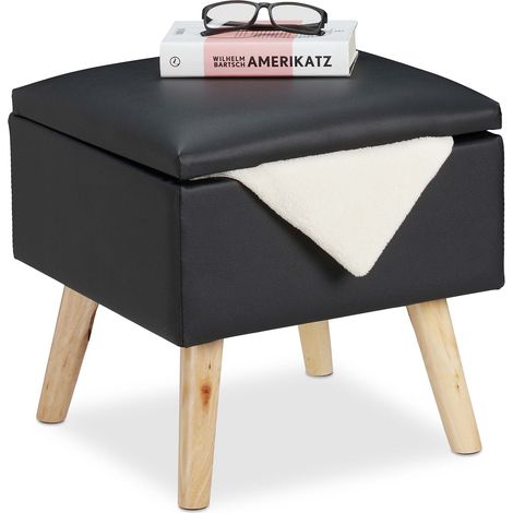 Relaxdays Ottoman with Storage Space, Imitation Leather Footstool, HWD: 40x40x40 cm, with Lid, Upholstered Seat, Black (1/5)