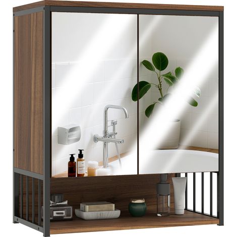 Badezimmerschrank mit Spiegel und offenem Stauraum, Tür mit Soft-Close-Funktion, braun