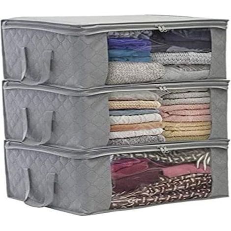 (3 pièces, gris) Sac de rangement pliable pour vêtements, 49 x 36 x 21 cm, sac de rangement sous le lit, tissu non tissé épais imperméable, adapté aux couettes, couvertures, oreillers, vêtements (1/4)