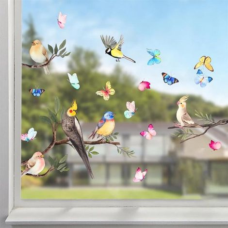 Film de fenêtre - Autocollant de fenêtre - PVC - Film autocollant de fenêtre - Oiseaux sur branche - Imprimé double face - Décoration de fenêtre - Papillons - Décoration de fenêtre - Décoration intéri (1/5)
