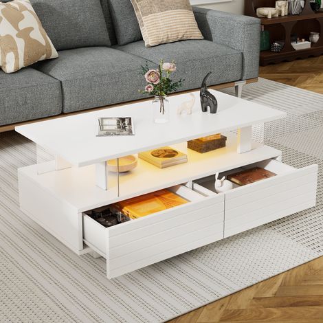 Table basse rectangulaire - LED - 100x50x42 cm - avec rangement intégré - double plateau - Acrylique - Blanc (1/5)