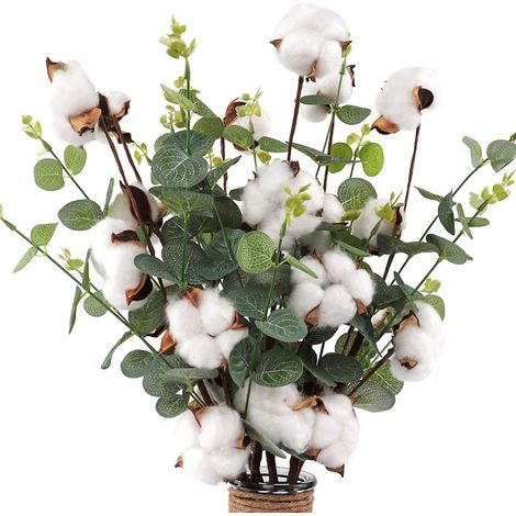 tiges de coton, fleurs de coton de 54 cm, 4 capitules, chaque tige, feuille d'eucalyptus, tiges de fleurs de coton, utilisées pour la décoration flor