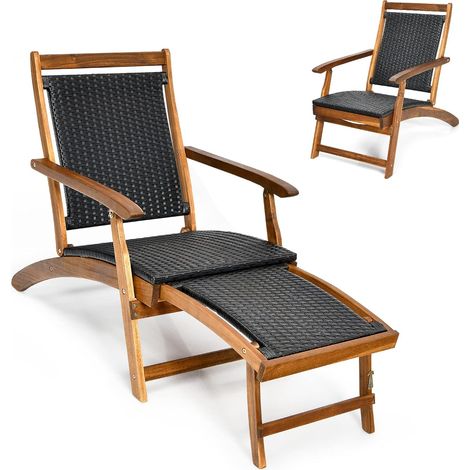 Folding Patio Deck Chair Outdoor Wicker Chaise Lounger with Retractable Footrest (1/5)
