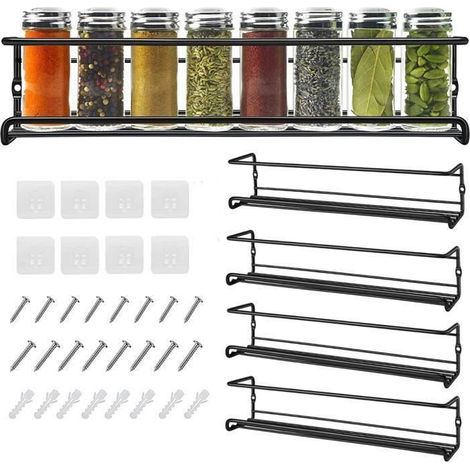 Étagère Murale - Cuisine - Lot de 4 - Métal Noir - 29x6x6,5 cm - Sans Perçage (1/4)