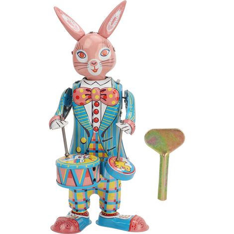 Jouet à remontoir lapin mécanique rétro - Lapin tambour en métal oscillant pour décoration et collection cadeau (1/5)