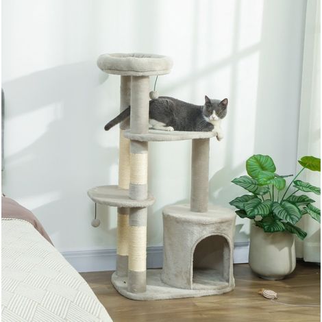 Kratzbaum 114 cm mit Höhle, Plattformen und Sisalstämmen, hellgrau OKMYHOME (1/5)