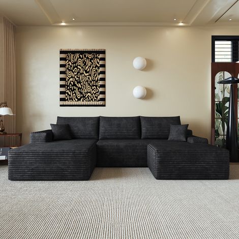 Divano angolare modulare sinistro con pouf removibile in velluto a coste, ripiegabile senza montaggio, design moderno, 270x175x83 cm, nero (1/5)