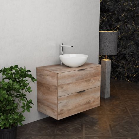 Inda - Badezimmerschrank B.80 mit Aufsatzwaschbecken / Natureiche 2 Schubladen - Topazio (1/5)