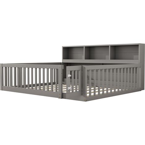 Cama banqueta 140 x 200 cm de pino y MDF gris con almacenaje y barrera de seguridad (1/5)