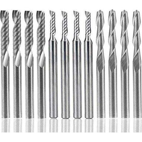 Lot de 12 fraises en carbure de tungstène, 4 fraises CNC 1/8" à double cannelure + 8 fraises en bout à bord unique (2 types) pour nylon, résine, ABS, acrylique, PVC, MDF, bois-Crezuo