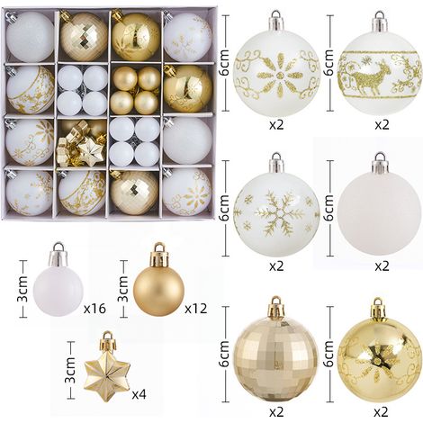 44 pezzi di Natale, palline di Natale in oro bianco, decorazioni in plastica per l'albero di Natale, palline e stelle per l'albero di Natale, ornamenti da appendere per l'albero di Natale, casa, giard