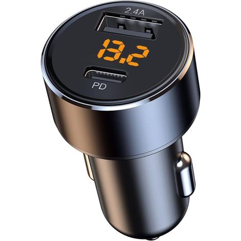 Cargador de coche USB C de 30 W, adaptador mini USB de 2,4 A con pantalla LED de voltaje, adaptador de cargador de coche USB de 12 W y PD de 18 W de 12 V para teléfono, tableta y otros dispositivos mó (1/5)