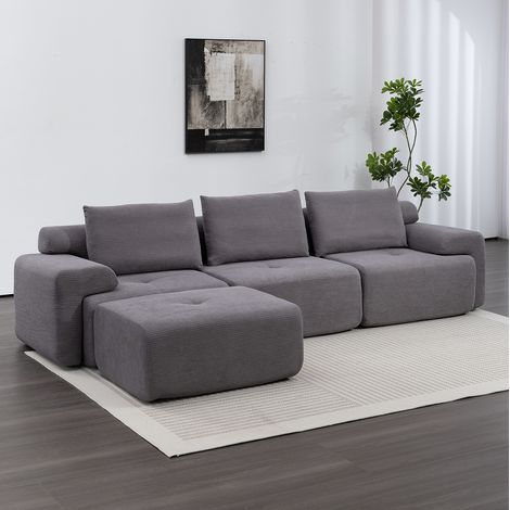 Divano angolare modulare 305x137x69 cm in tessuto grigio scuro, salvaspazio FloraGrace (1/5)