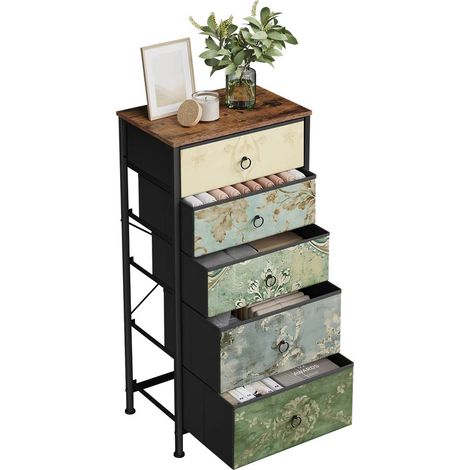 Commode de rangement tissu 5 tiroirs – 45,5×95,5×30 cm – Design rétro étroit – Pour cuisine, entrée et couloir (1/5)