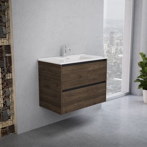 Inda - Badezimmerschrank 2 Schubladen B.80 mit glänzendem Waschbecken / Braune Eiche - Smeraldo (1/5)