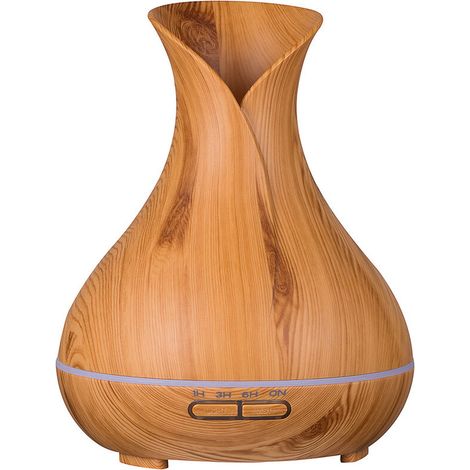 Diffuseur arômes 400 ml, style de vase en bois pour humidificateur air à ultrasons avec 7 couleurs LED pour salon de beauté, spa, yoga, chambre à coucher, salon, salle de conférence - grain de bois cl