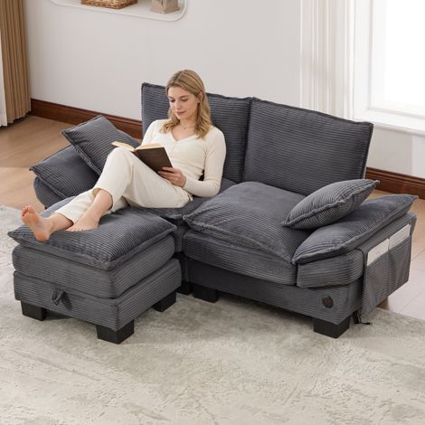 Canapé modulaire 2 places avec tabouret en velours côtelé,siège ergonomique,mousse haute densité,port USB-C et poches latérales,gris foncé. (1/5)