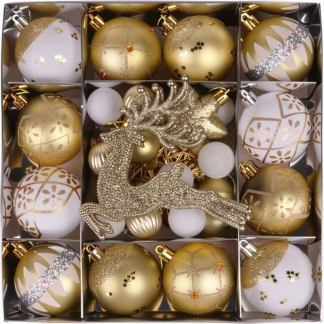 Weihnachtsdekorationen, Vintage-Weihnachtskugeln, klassische hängende Weihnachtsdekorationen, 45-teiliges Set (weiß und gold). (1/5)
