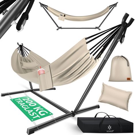 KESSER® Amaca LAGO con telaio Amaca doppia per 2 persone-Telaio stabile con portata di 200 kg per interni e per esterni XXL, poltrona sospesa doppia Beige