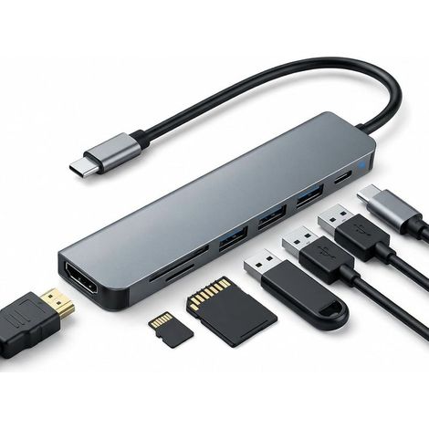 Hub USB C 7 en 1 avec HDMI 4K@30Hz, Adaptateur Multiport Dock avec PD 100W, 1x USB 3.0 5Gbps + 2X USB 2.0, Lecteur de Carte SD/TF, Adaptateur Type-C pour Station d‘Accueil, pour iPhone MacBook iPad (1/5)