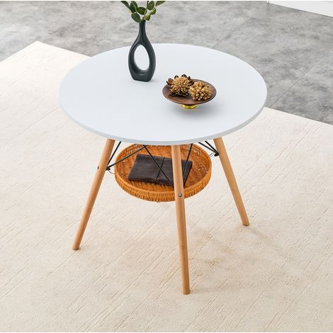 Mesa de comedor redonda Ø 80 cm con cesta de almacenamiento, blanca y madera DESVIAE (1/5)