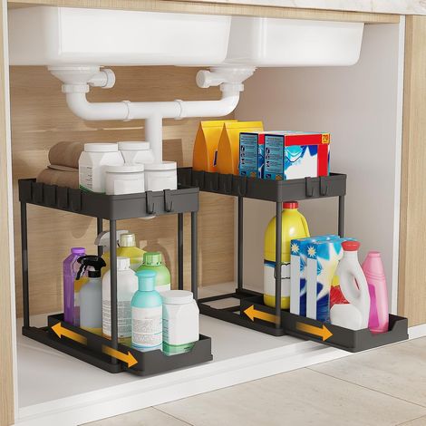 2-stufiges Unter-der-Spüle-Küchen-Organizer-Paket – Ausziehbarer Unter-der-Spüle-Aufbewahrungsregal-Organizer mit 16 Haken, Schwarz