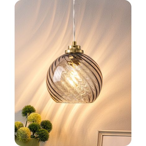 EDISHINE Vintage Pendelleuchte Esstisch, mundgeblasener Wellenglas-Lampenschirm, 1,5 m höhenverstellbar, E27 inkl. LED 2700K, Hängelampe für Kücheninsel, Esszimmer, Flur,Rauchgrau