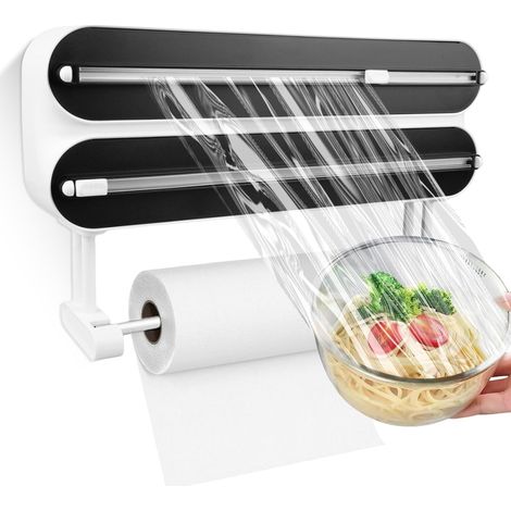 Distributeur de film alimentaire 3 en 1 : porte-rouleau mural magnétique de cuisine, coupe-film ABS, distributeur et dévidoir multifonction pour cuisine (D4 noir/50 m) (1/5)