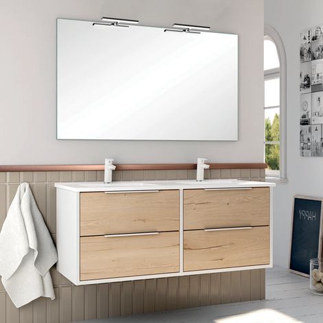 Meuble de salle de bain 120cm double vasque - 4 tiroirs - Blanc/Roble - ALBA (1/3)