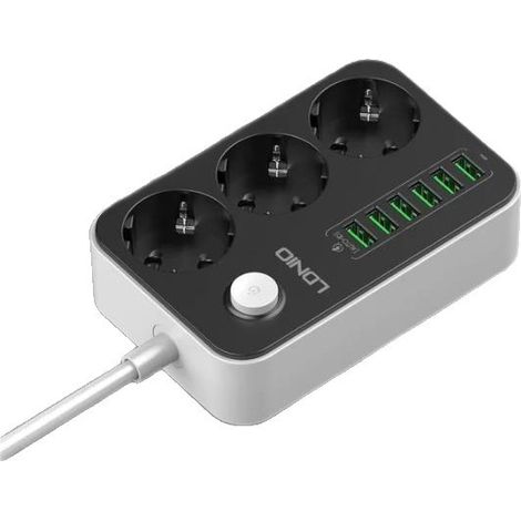 Multiprise de bureau multifonctionnelle, 3 prises, 6 ports USB, cordon d'alimentation de 2 mètres, avec interrupteur principal. (1/5)