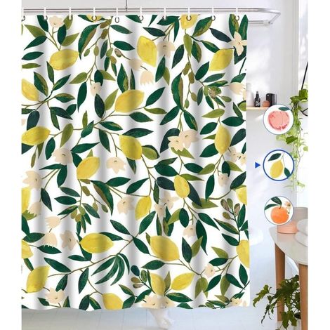 Lemon-style waterproof fabric shower curtain, 180x180cm with 12 hooks (1/5)